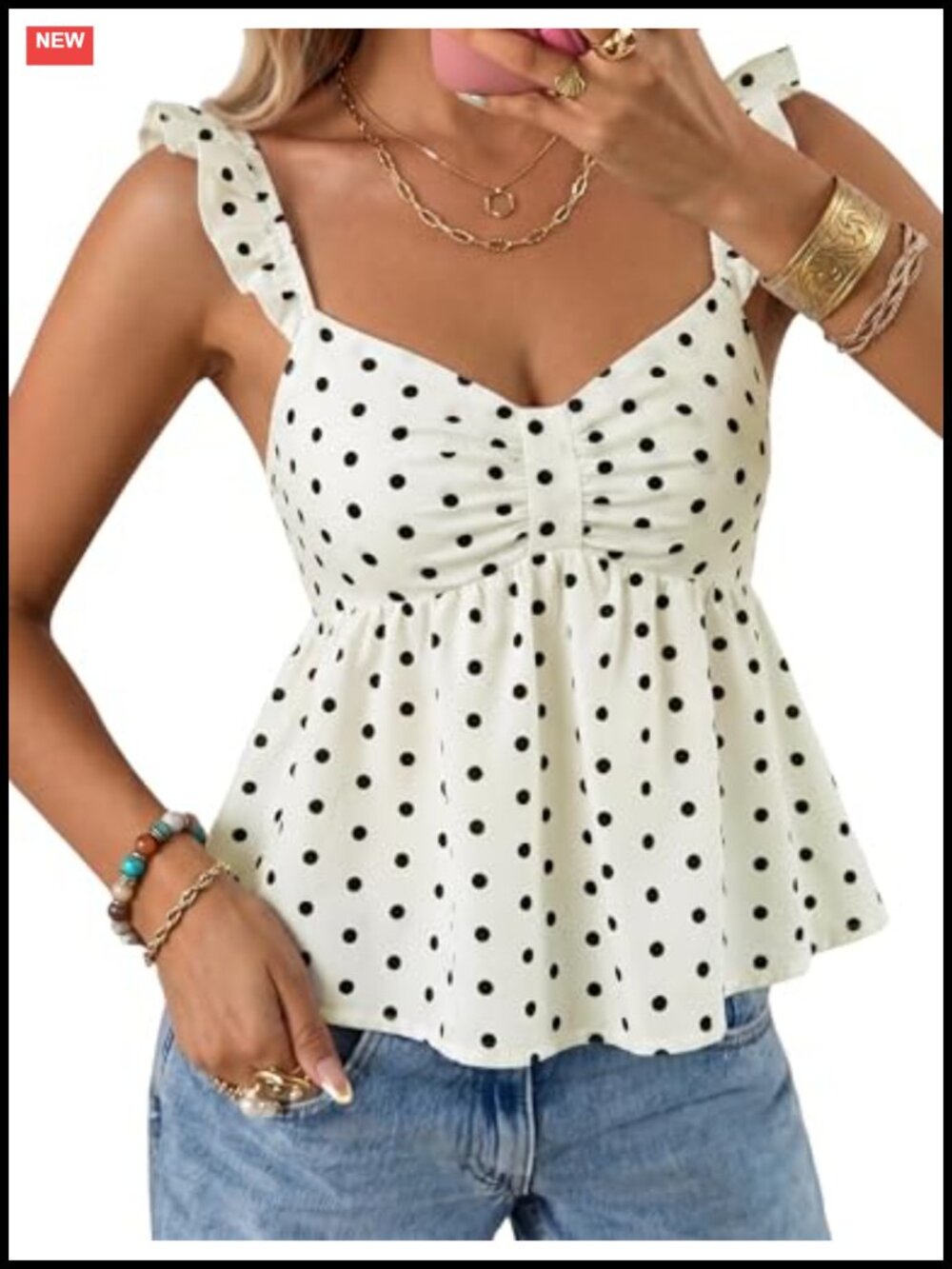 Women's Polka Dot V-Neck Ruffle Sleeve Peplum Tank Top Y2K Summer Outing